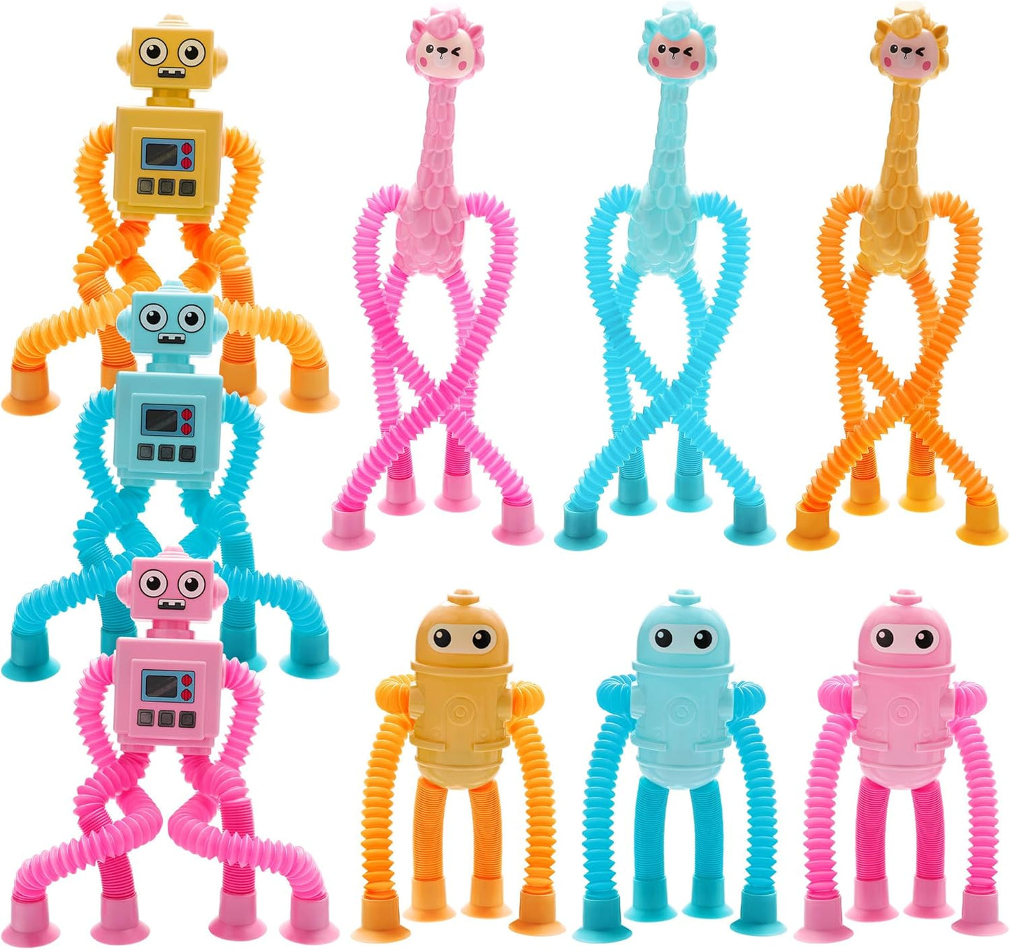 Sucker Pop Tube Animals, 9 Pack Suction Cup Pop Tube Animals, Telescopic Sucition Cup Pop Toys, Pop Tubes Fidget Toys for Kids 3-5, 5-7, 8-12 (9 Pack)