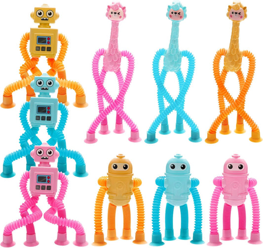 Sucker Pop Tube Animals, 9 Pack Suction Cup Pop Tube Animals, Telescopic Sucition Cup Pop Toys, Pop Tubes Fidget Toys for Kids 3-5, 5-7, 8-12 (9 Pack)