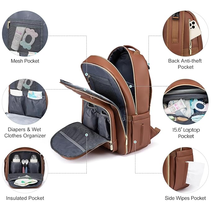 LOVEVOOK Leather Diaper Bag Backpack, Quilted Baby Bag with Changing Pad & Pacifier Holder, Waterproof Travel Diaper Bags for Baby Boys Girls, Stylish and Large Capacity, Brown