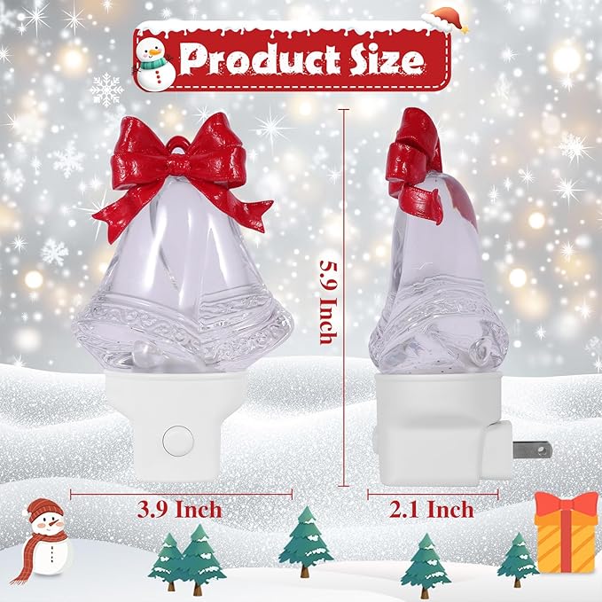 Christmas Bell Night Light Plug into Wall Glitter Water Nightlight with USB/Outlet Options, Christmas Decorative Nightlight for Bedroom Kitchen Nursery Hallway Holiday Decorations Gifts (Bell)