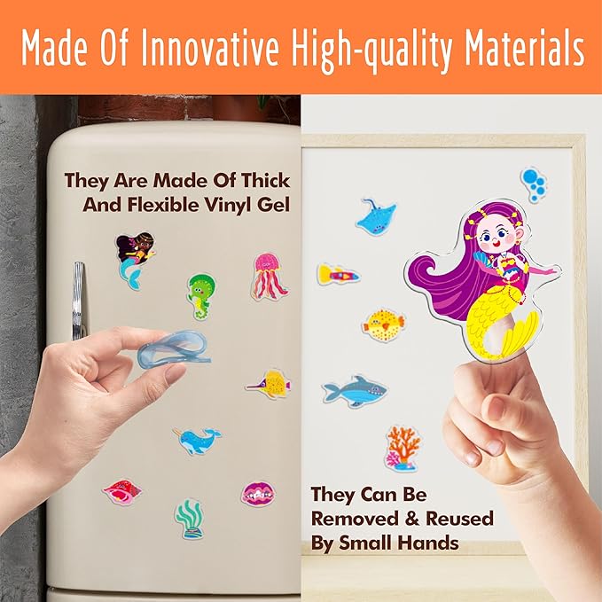 41PCS Marine World Jelly Stickers, Mermaid and Ocean Creatures Thick Window Door Decors Removable Reusable Gel Clings Decals for Kids Toddlers Kids Home Classroom Animal Party Supplies (Not Edible)