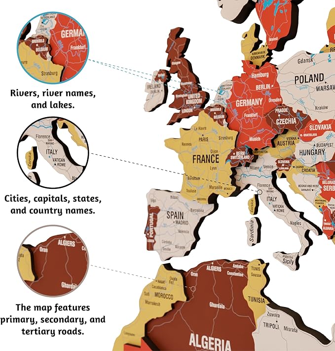 Colorfull Worlds 3D Wooden World Map Wall Art - Premium Multicolored World Travel Art for Wall Decor with Push Pins- Ideal Housewarming Gift & Travel Tracker (Large, Terracota)