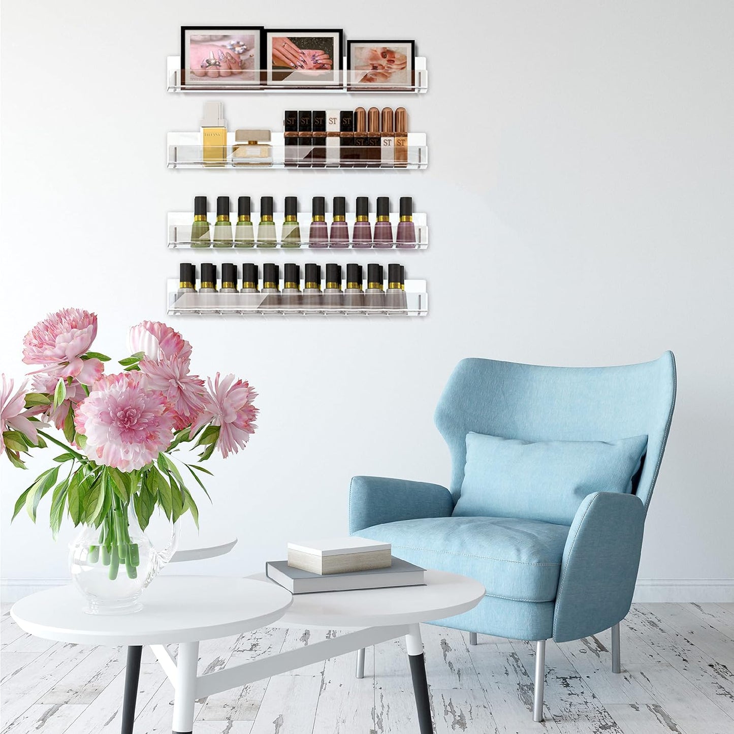 4 Pack 15 Inch Clear Acrylic Shelves, Clear Kids Floating Bookshelf for Kids Room, Modern Nail Polish Rack Sunglasses Essential Oil Picture Ledge Display Toy Storage Wall Shelf