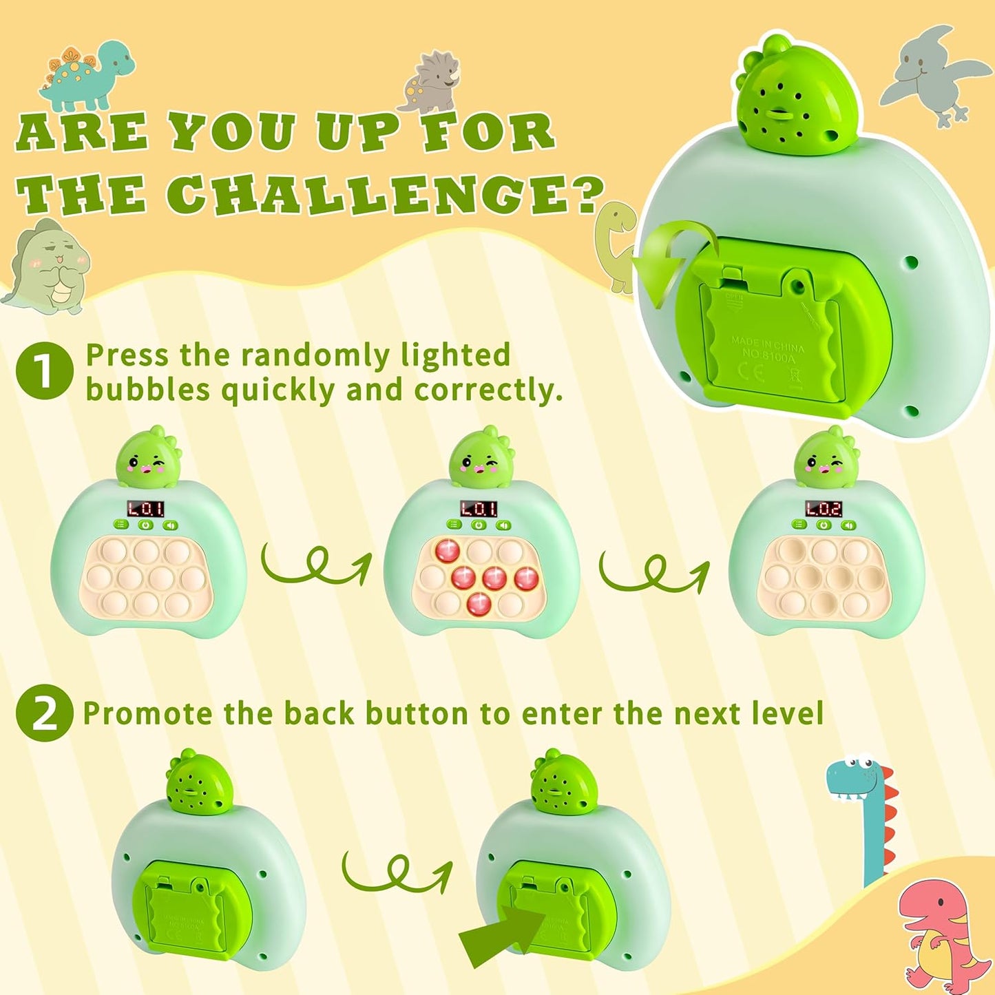 Upgraded Fast Quick Game Pop Bubble Up Toys for Kids, Funny Toys with LED Screen for Kids 3-12 for Boys and Girls Bubble Stress,Handheld Puzzle Game Sensory Toys(Batteries Included)(Dinosaur)