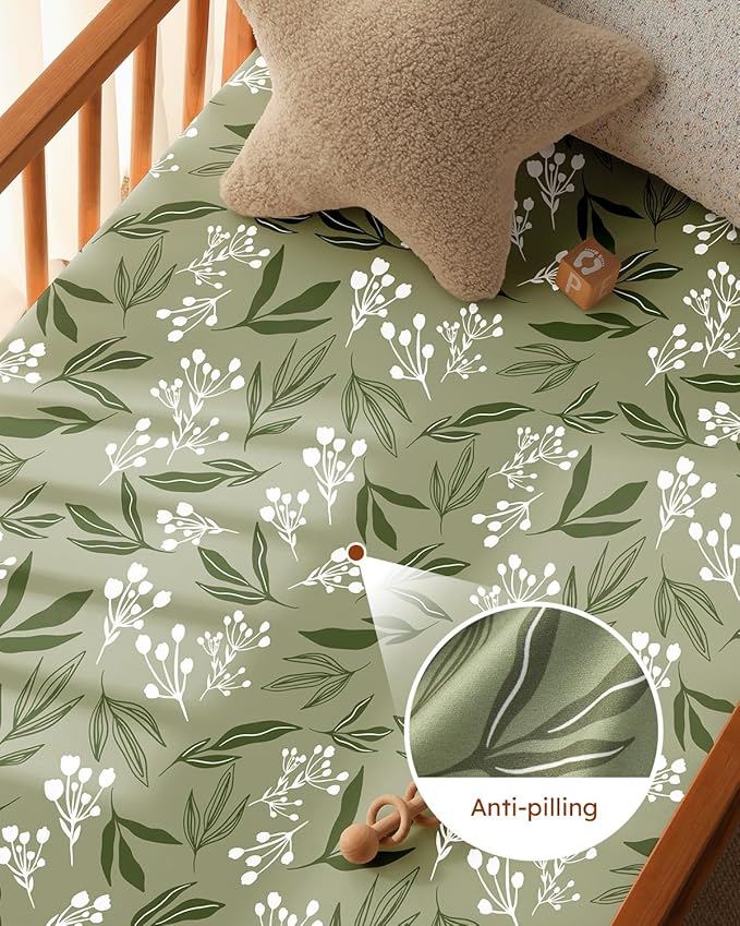 Pack and Play Sheets Fitted 3 Pack, Mini Crib Sheets for Pack N Play Mattress Stretchy Portable Playard Sheets, Soft Breathable Green & Brown Fox