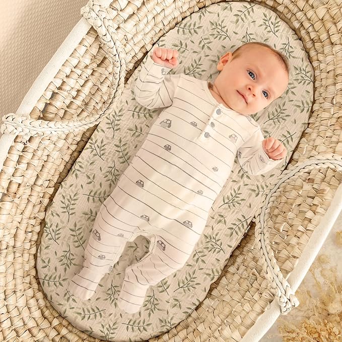lulumoon Baby Muslin Bassinet Sheets: Skin-Friendly Leaf Bassinet Sheets for Boys - Fitted for Oval Rectangle or Hourglass Mattress