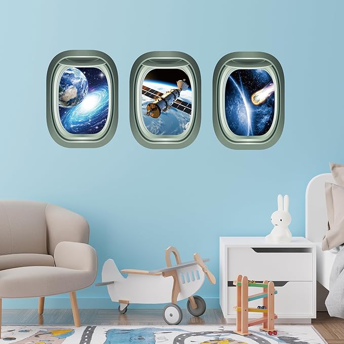 Glow in The Dark 3D Space Wall Decals, Set of 3 Galaxy Window Stickers for Wall, Space Themed Room Decor for Kids Boys (Green)