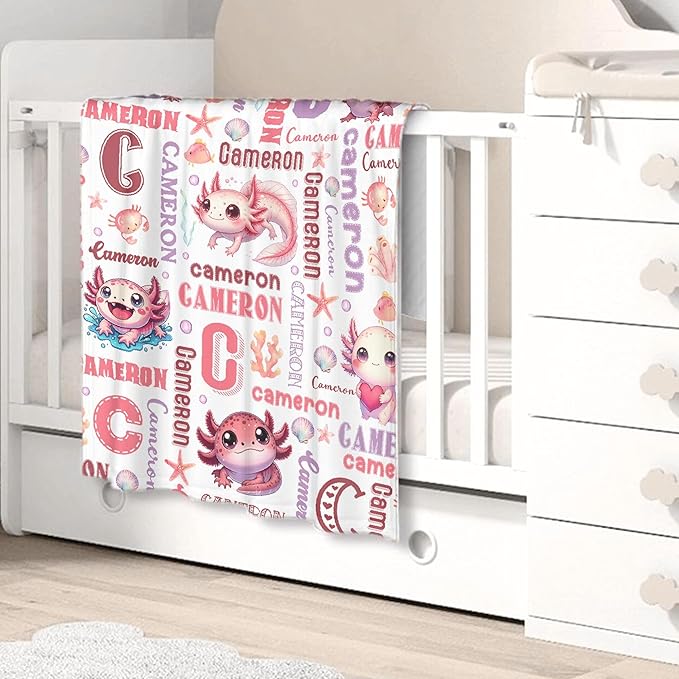 Personalized Baby Blanket for Girls Boys Kids Axolotls Custom Baby Blanket with Name Throw Birthday Gift for Toddlers Infants Shower Newborns Nursery Stroller Crib Bed Decor