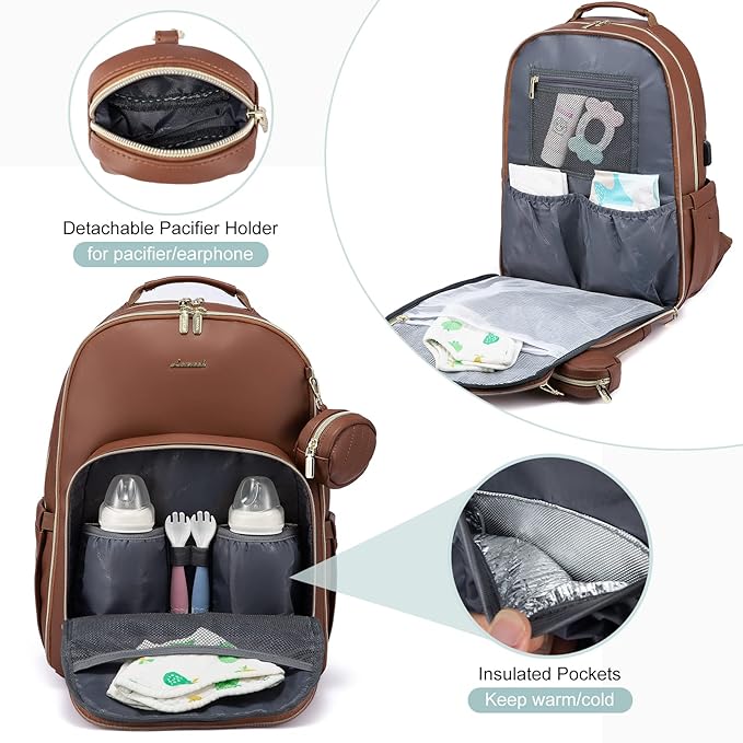LOVEVOOK Leather Diaper Bag Backpack, Quilted Baby Bag with Changing Pad & Pacifier Holder, Waterproof Travel Diaper Bags for Baby Boys Girls, Stylish and Large Capacity, Brown