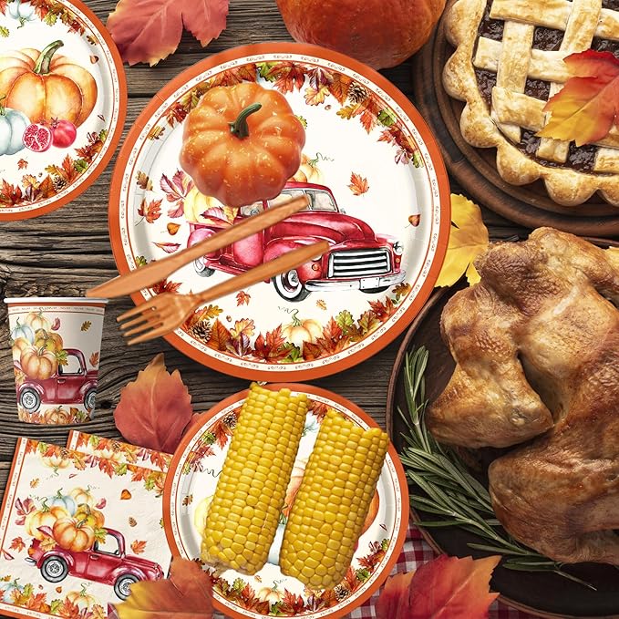 142Pcs Fall Party Plates and Napkins Party Supplies, Autumn Pumpkin Leaves Tableware Set with Cups,Banner,Pumpkin Tablecloth for Fall Harvest Party Thanksgiving Dinner Party Decorations, Serves 20