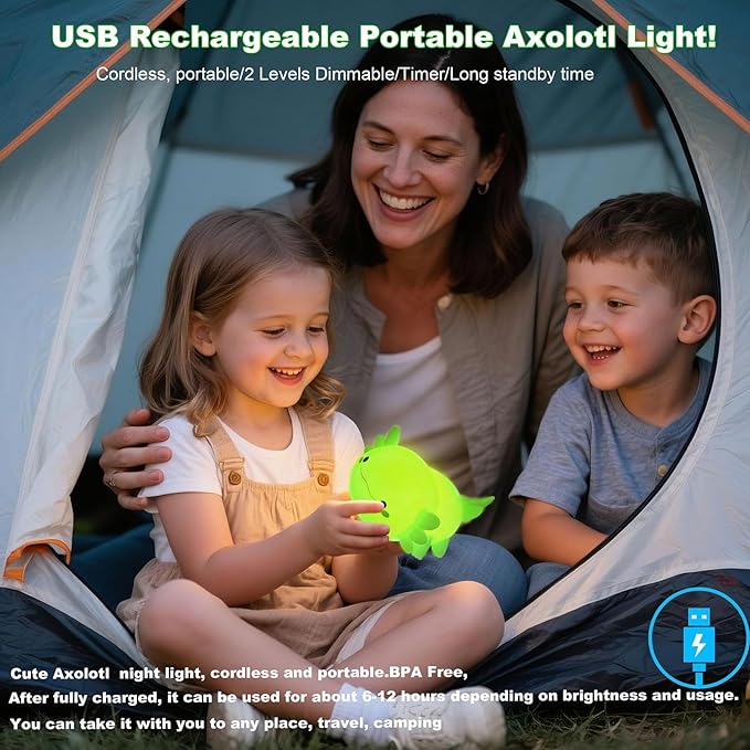 HAPPYBAG Axolotl Night Light,Cute Axolotl lamp Gifts for Kids,Dimmable Silicone Animal Nursery Night Light,Kawaii Rechargeable Bedside Touch Lamp,Baby Room Decor Axolotl Light