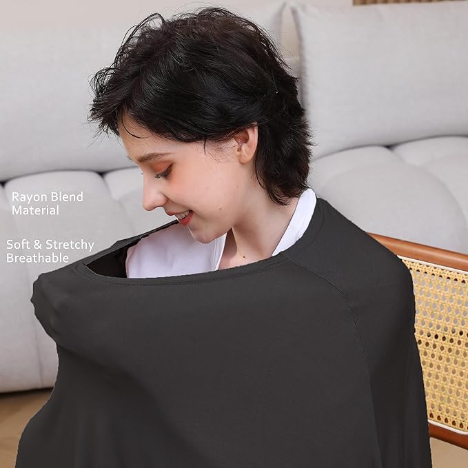 Nursing Cover for Breastfeeding, 360°Full Coverage Nursing Poncho, Rayon Soft & Breathable Breastfeeding Cover up (Smooth Rayon, Black)
