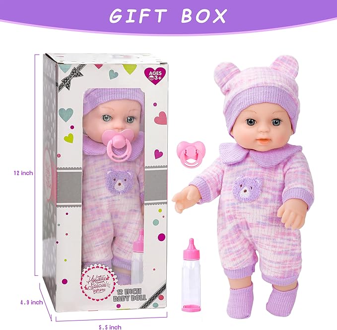 12'' Baby Doll with Bear Pattern Backpack in Gift Box,Including Clothes Accessories, Backpack, Baby Bottle, Pacifier, Hat, Socks, and Handkerchief for 3+ Child Girls Gifts