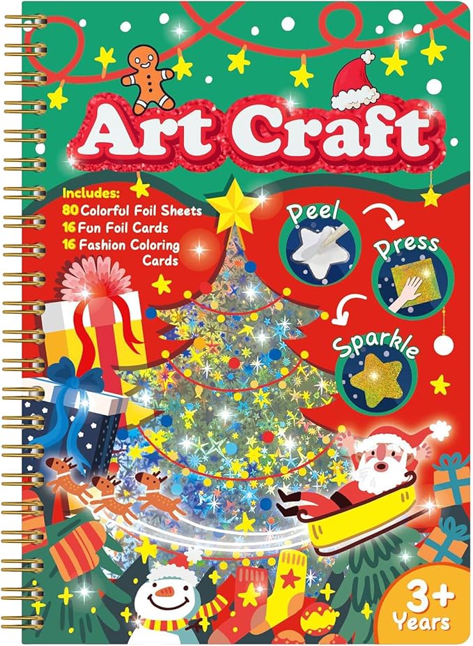 JULEASEL Christmas Foil Paper Arts and Crafts Kits, DIY Xmas Arts and Crafts for Kids, No Mess Foil and Coloring Books, Creative Christmas Gifts for Boys Girls Ages 4+, Kids Travel Essentials Toy