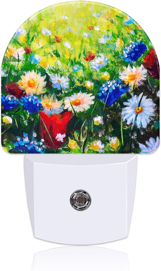 Field Flowers Oil Painting Night Light Plug into Wall with Dusk to Dawn Sensor Cute Nightlight for Kid Girls Boys Women Men Room Decor, Hallway, Kitchen, Bathroom, Nursery, Stairs