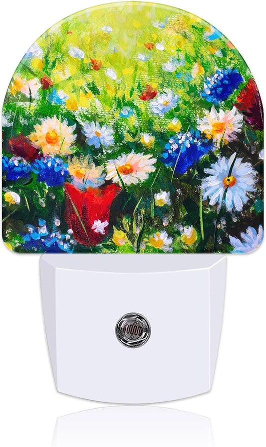 Field Flowers Oil Painting Night Light Plug into Wall with Dusk to Dawn Sensor Cute Nightlight for Kid Girls Boys Women Men Room Decor, Hallway, Kitchen, Bathroom, Nursery, Stairs