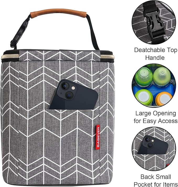 Breast Milk Cooler Bag with Ice Pack Fits 4 Baby Bottles Up to 9 Ounce, Baby Bottle Bag Great for Nursing Mom Daycare, Grey