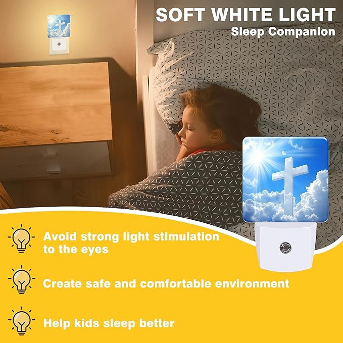 Night Light White Cross in Cloudy Sky Night Lights Plug into Wall Smart Dusk to Dawn Sensor 0.5W Energy Efficient Led Lamp for Men Women Bedroom Bathroom Hallway Stairway Decor