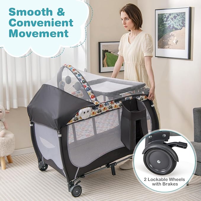 HONEY JOY Pack and Play, 4 in 1 Portable Baby Playard w/Bassinet, Changing Table, Lockable Wheel, Music, Foldable Travel Baby Crib Nursery Center from Newborn to Toddler(Gray, Elephant)