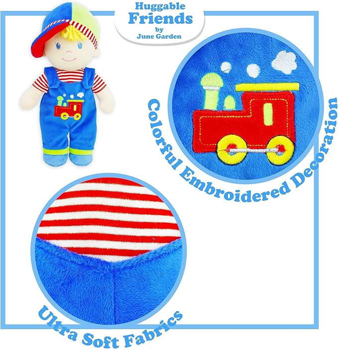 June Garden 13.5" Soft Dolly Ben - Stuffed Soft Baby Boy Doll for Birth and Up - Blue Outfit