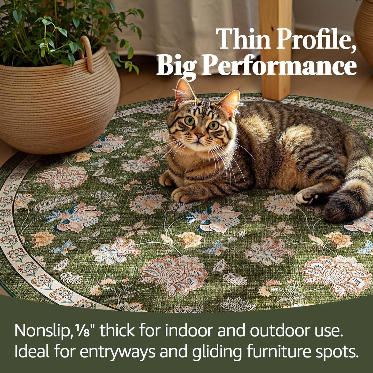 jinchan 7ft Floral Round Rug for Dining Room Washable Living Room Rug Vintage Romance Design Non Slip Indoor Floor Cover Lightweight Low-Profile Throw Carpet for Bedroom Porch Patio, Green