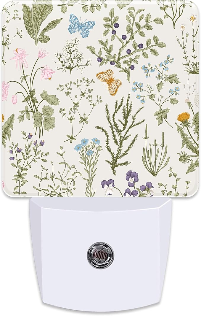 Herbs and Wild Flowers Botanical Plug in Night Light with Auto Dusk to Dawn Sensor,Warm Night Lights for Boys Girls Bedroom Bathroom Hallway Kids Room Gifts