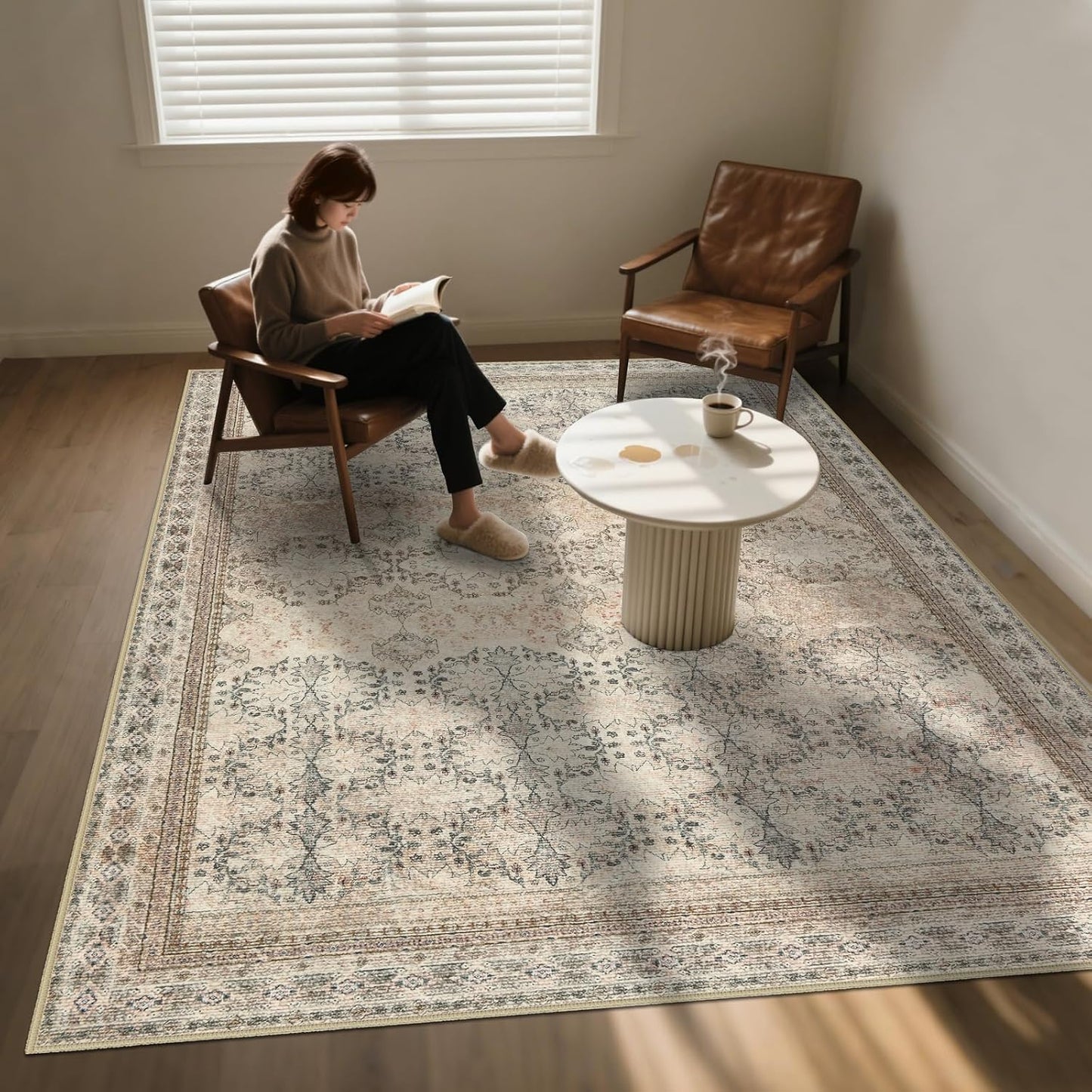 6x9 Washable Area Rug Non Slip, Thin Vintage Floral Living Room Rug Low Pile, Indoor Large Distressed Print Carpet for Bedroom, Dining Room, Farmhouse, Home Office, College Dorm Beige/Pink/Orange