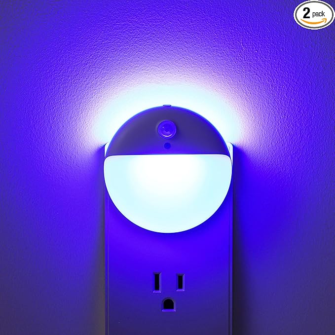 2 Pack Plug in Night Light with Motion Sensor and Dusk to Dawn Sensor, Stepless Dimming, Blue LED Nightlight with 3 Lighting Ways for Bathroom, Bedroom, for Girls, Boys, Adults