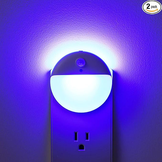 2 Pack Plug in Night Light with Motion Sensor and Dusk to Dawn Sensor, Stepless Dimming, Blue LED Nightlight with 3 Lighting Ways for Bathroom, Bedroom, for Girls, Boys, Adults
