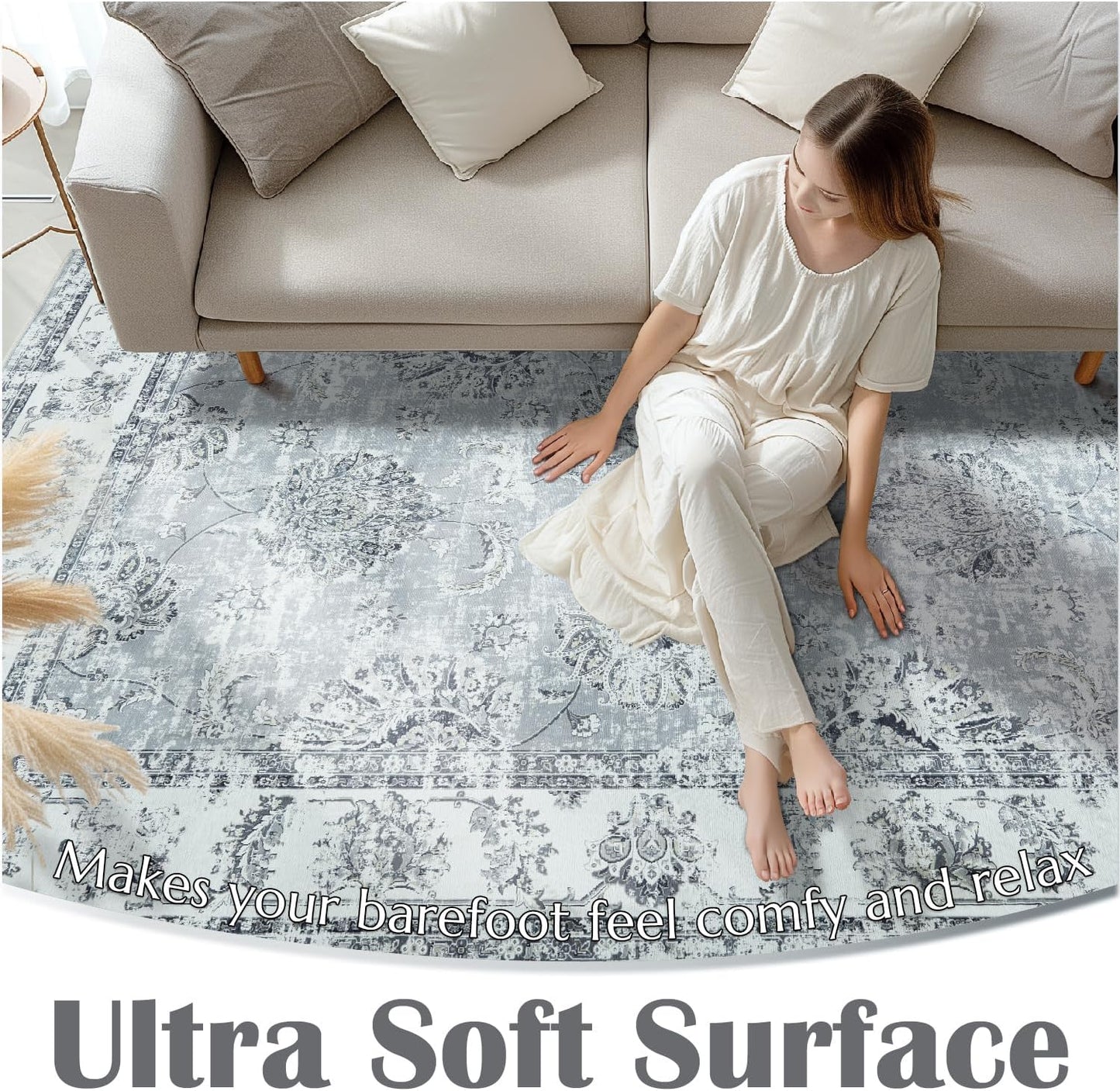 jinchan Runner Rug 2x5 Washable Hallway Runner- Vintage Floral Non Slip Low-Pile Soft Thin Kitchen Rug Distressed Carpet for Farmhouse Bedroom Entryway Laundry Room(2x5ft,Grey)