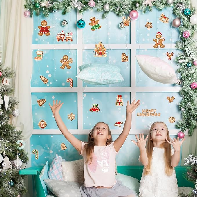 MARFOREVER 50 PCS Christmas Gel Window Clings, Reusable Gingerbread Man Theme Thick Gel Clings Stickers Decals for Christmas Kids Gift Toddlers Classroom Xmas Party Supplies Window Glass Decoration