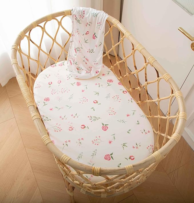 SDY Soft Bassinet Sheets,Pink Rose Bassinet Fitted Sheets for Boys Girls Set 2 Pack,Universal Fit for Rectangle, Round, Oval, Hourglass Mattress Set 32 * 16 * 4 inches (Floral,Pink Rose)