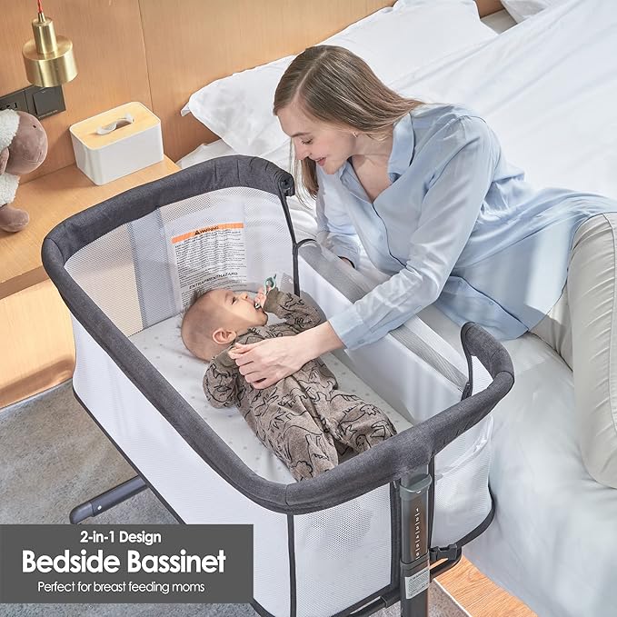Baby Bassinet Bedside Sleeper with Wheels,Easy Folding Lightweight Crib for Baby/Infants,Breathable Mesh and Adjustable Height - Grey