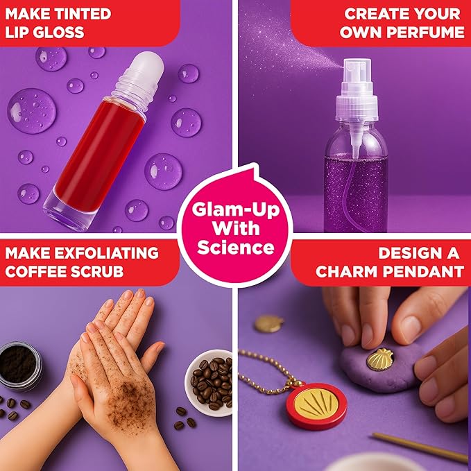 Doctor Jupiter Glam DIY Craft, Make-Up Kit for Girls Ages 6-8-12 | Lip Gloss, Bath Bomb, Perfume Making Kit with 50 Beauty Science Experiments | Birthday Gift Ideas for 6-7-8-9+ Year Old Girls