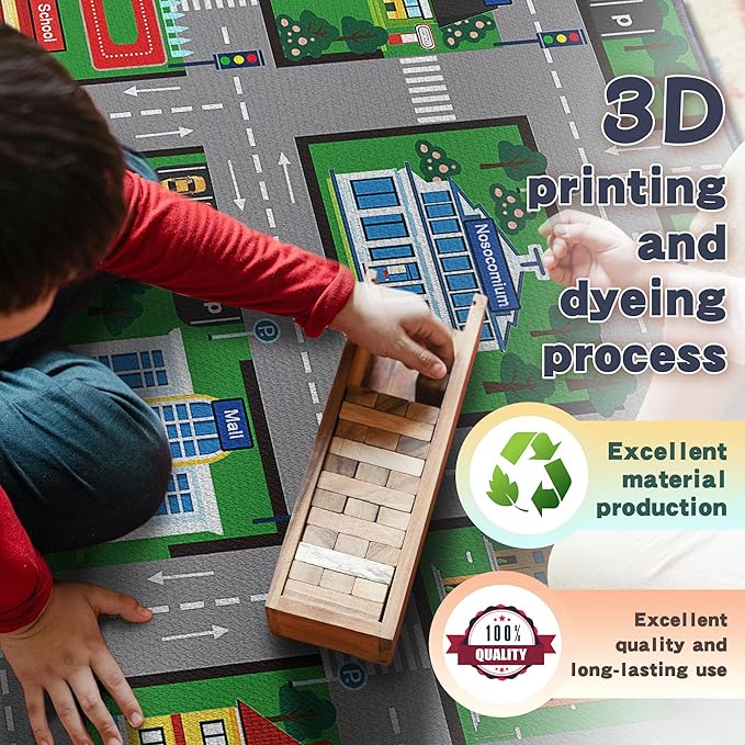 Fun Car Play Area Carpet Car Mat 2x3 Play Rug for Playroom Town City Road Map for Boys Bedroom Non-Slip Washable