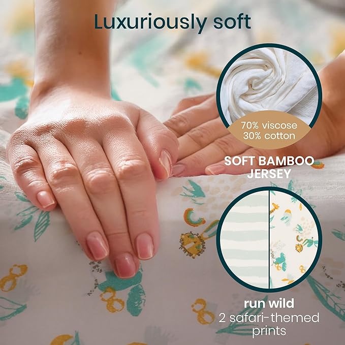 Tutti Bambini Premium Bassinet Sheets (2 Pack) - Soft & Breathable Bamboo Jersey, Double-Strength Bedside Sleeper Sheets, Fits Mattresses from 20.8 x 31.5 in to 23.6 x 35.4 in (Run Wild)