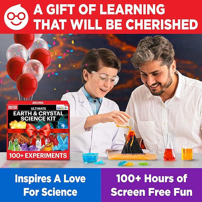 Doctor Jupiter STEM Earth Science Experiment Kit | Crystal Growing, Erupting Volcano Chemistry Set with 100+ Experiments | Learning & Educational Projects 7-8-9-10-11-12 Year Old