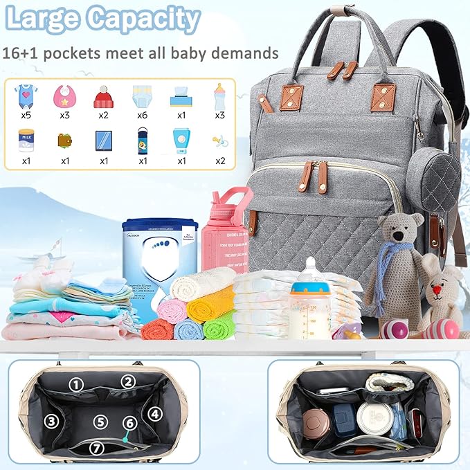 Diaper Bag Backpack Baby Bag, Baby Girl Boy Diaper Bag for Dad Mom with Pad, 16 Pockets, Pacifier Case, Large Diaper Bags Unisex for Travel (Grey)