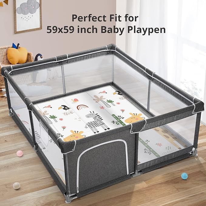 PLGLOG Baby Play Mat,59"x59" Foldable & Reversable Large Baby Mat,0.8" Thick Waterproof Baby Floor Play Mat,Non-Slip,Carlwing Mat for Baby,for 59X59"Playpen,Indoor&Outdoor Playing Mat,Giraffe