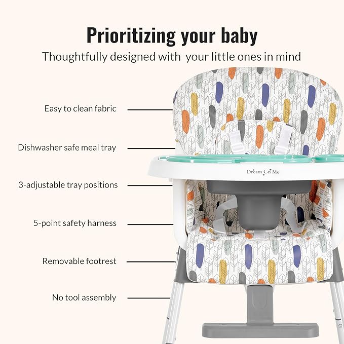 Dream On Me Curio Sit N Seek 3 in 1 Convertible Baby High Chair in Grey, Removable and Adjustable Tray, Portable High Chair, Adjustable Legs, Detachable Footrest, PU Fabric & 5 Point Safety Harness