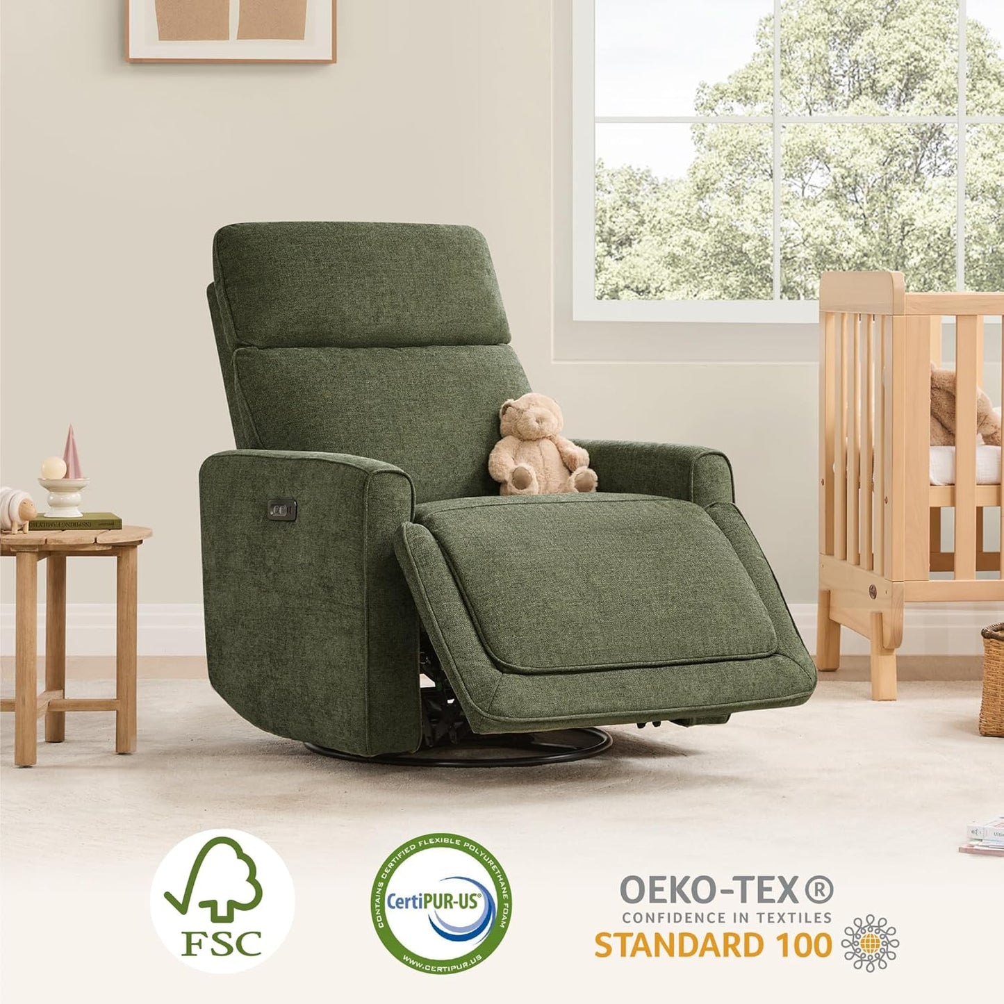CHITA Electronic Power Recliner Chair Swivel Glider, FSC Certified Modern Nursery Rocking Chair with USB and Type-C Ports, Forest Green