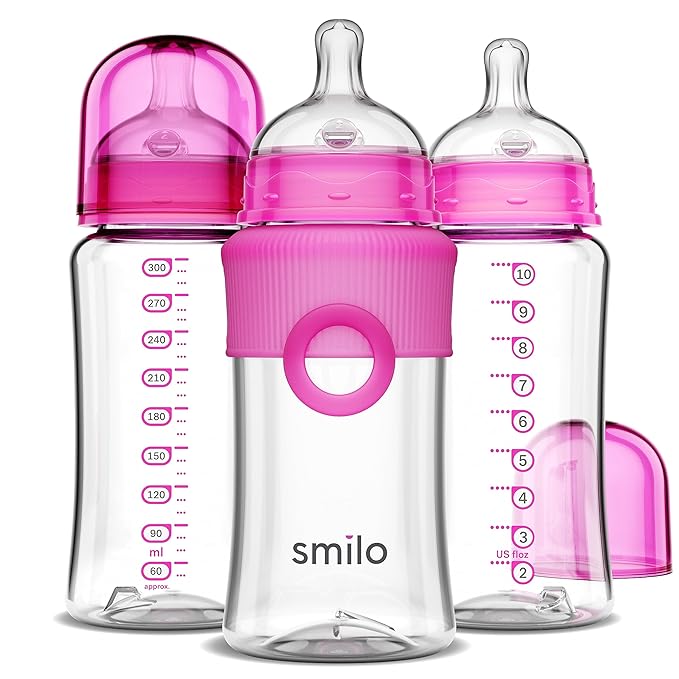 Smilo Baby Bottle Set with Stage 0 Slow Flow Anti Colic Nipple, 10 Oz / 300 ml Capacity, 3X Pack of Anti Colic Baby Bottles 0-3 Months - Pink