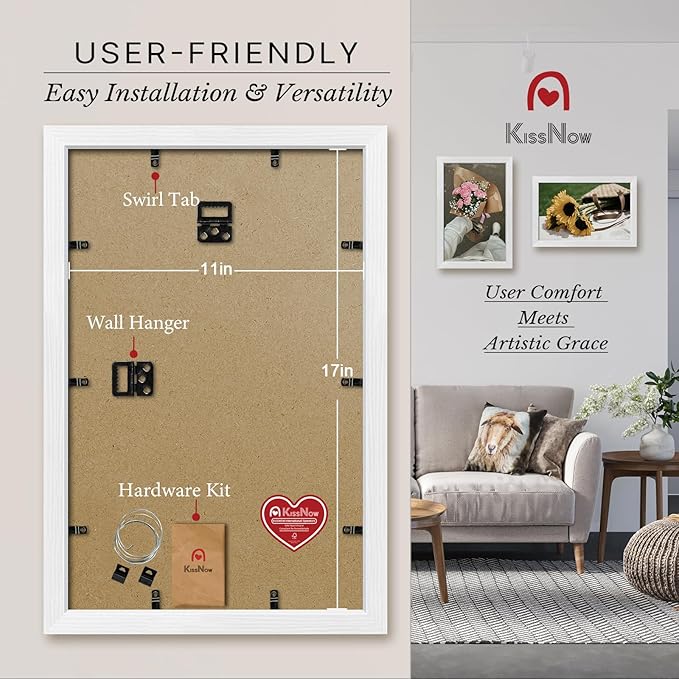 11x17 Picture Frame 2 Pack, Textured White Solid Wood, Wall Gallery Poster Frame