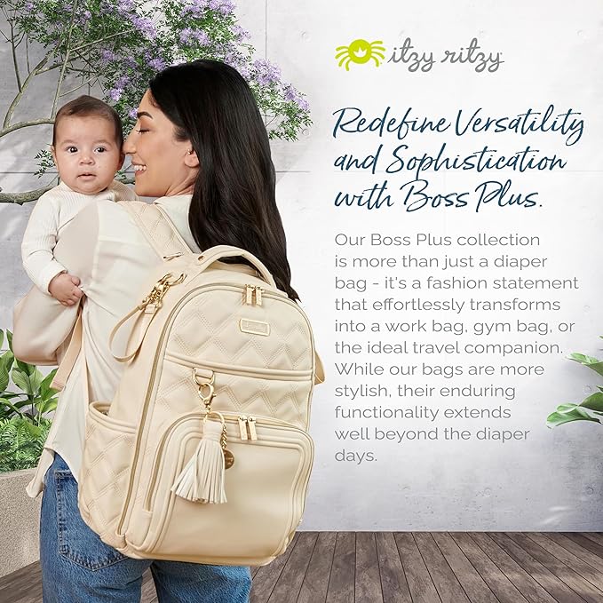 Itzy Ritzy Diaper Bag Backpack – Large Capacity Boss Plus Baby Backpack Diaper Bag Featuring 19 Pockets, Changing Pad, Stroller Clips, and Comfortable Straps (Milk & Honey)