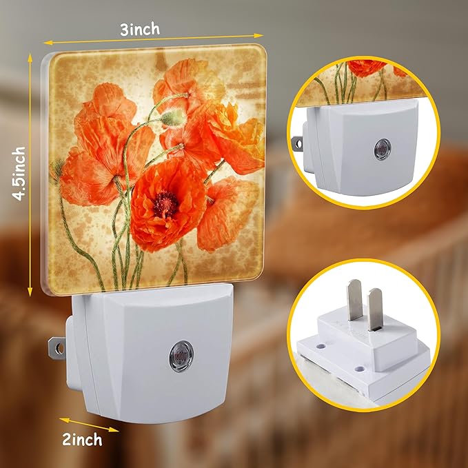 Vintage Orange Flowers Night Light Plug Wall,Poppy Bouquet Oil Painting LED Night Lights with Dusk to Dawn Light Sensor for Women Girls Boys Room Decor,Hallway,Kitchen,Bathroom,Nursery,Stairs