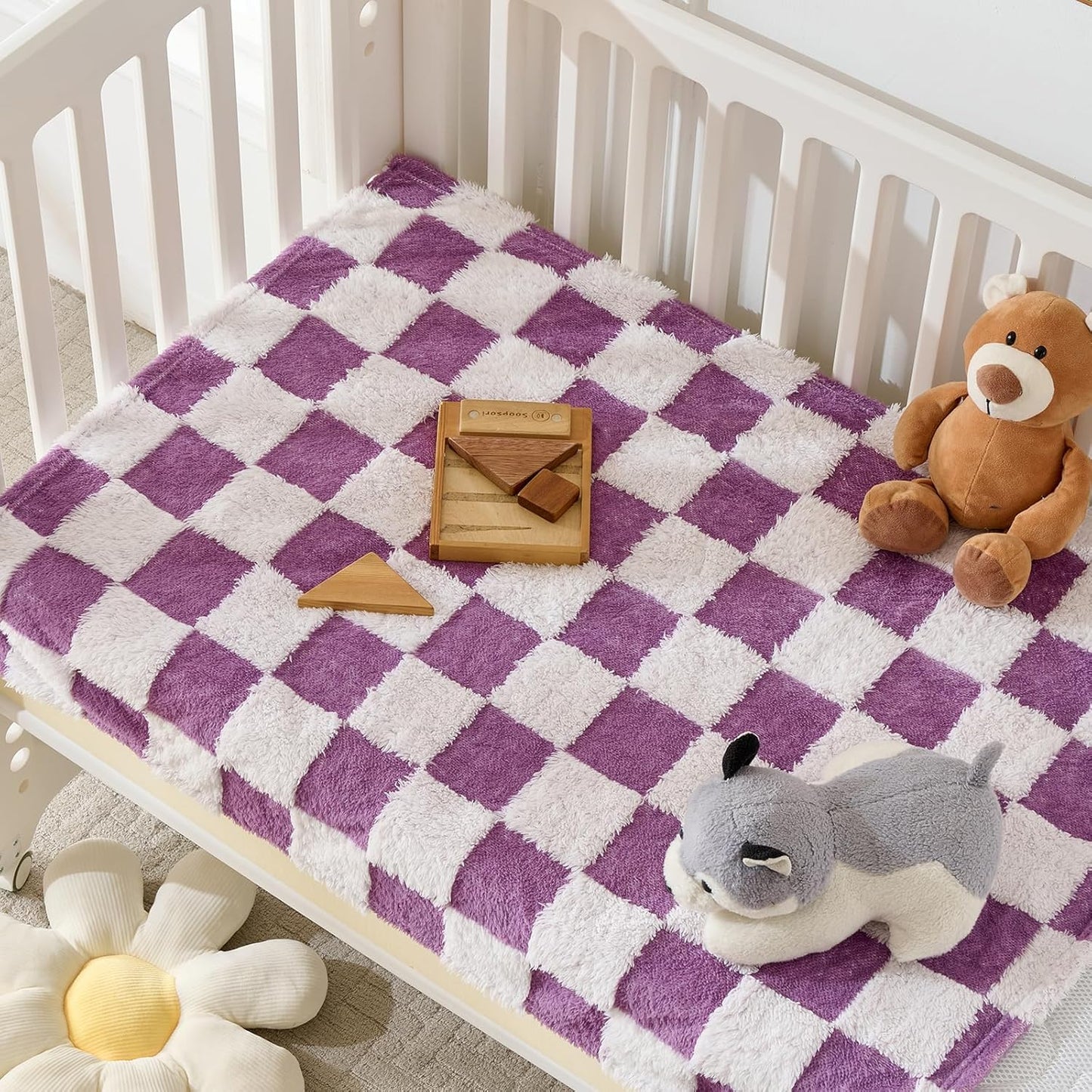 Fleece Baby Blanket for Girls 3D Checkerboard Design, Warm Cozy and Fluffy Infant Newborn Toddler Small Receiving Blankets for Crib Stroller, 30x40 Inches, Purple