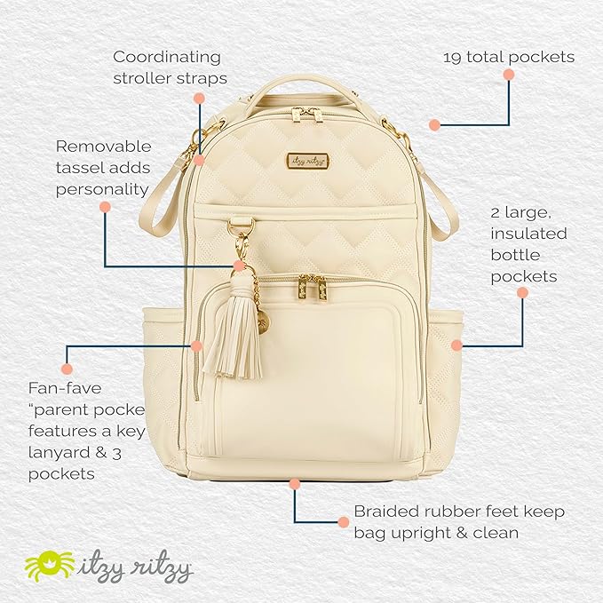 Itzy Ritzy Diaper Bag Backpack – Large Capacity Boss Plus Baby Backpack Diaper Bag Featuring 19 Pockets, Changing Pad, Stroller Clips, and Comfortable Straps (Milk & Honey)