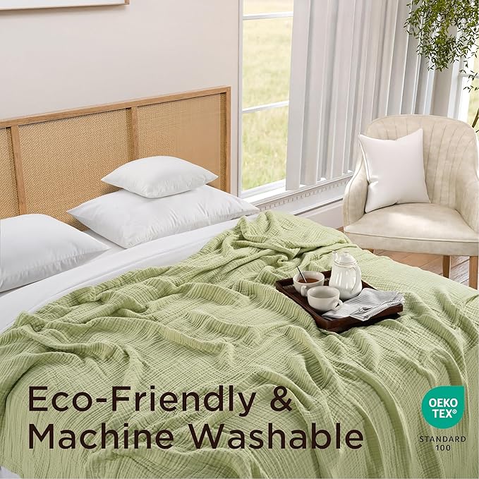 Threadmill Muslin Queen Blankets | Soft, Cozy and Breathable Muslin Throw for Bed | 4-Layer Gauze Blanket for All Seasons | Lightweight Blanket Fits Full Size Bed | Sage Green