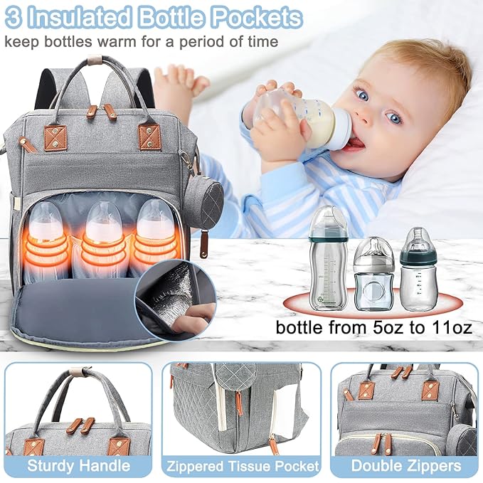 Diaper Bag Backpack Baby Bag, Baby Girl Boy Diaper Bag for Dad Mom with Pad, 16 Pockets, Pacifier Case, Large Diaper Bags Unisex for Travel (Grey)
