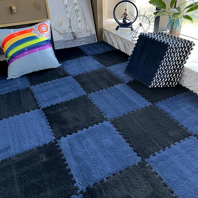 16pcs 0.6" Thickened Interlocking Tile Mats,Fluffy Shaggy Soft EVA Foam Area Rug for Living Room&Bedroom,Non-Slip Protective Floor Carpet Play Mat Kids Baby Dorm Home Decor 11.8ft (Navy Blue)